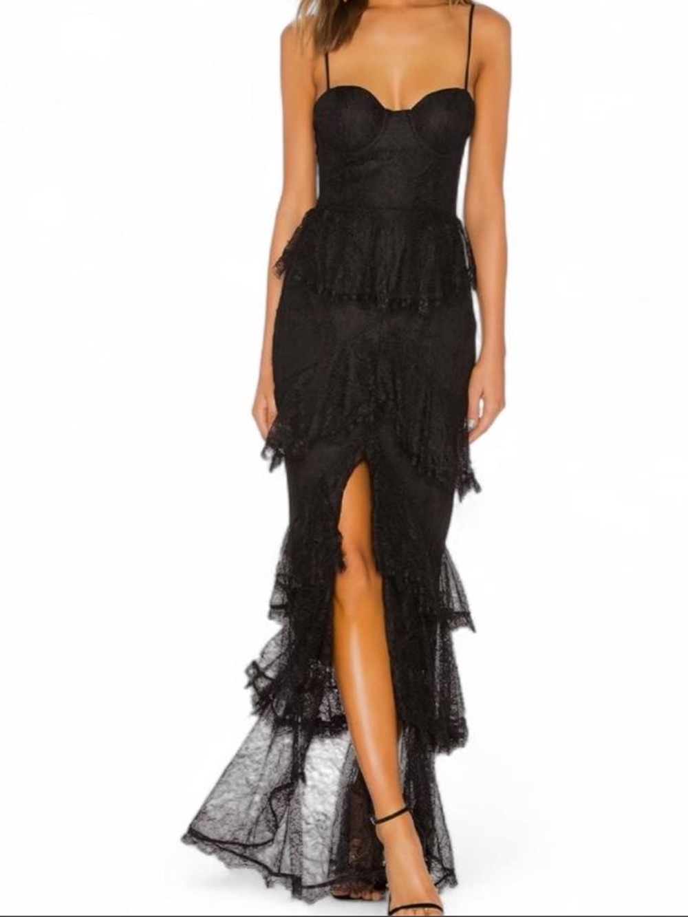 MAJORELLE Black Lace Ruffle High-Slit Maxi Dress